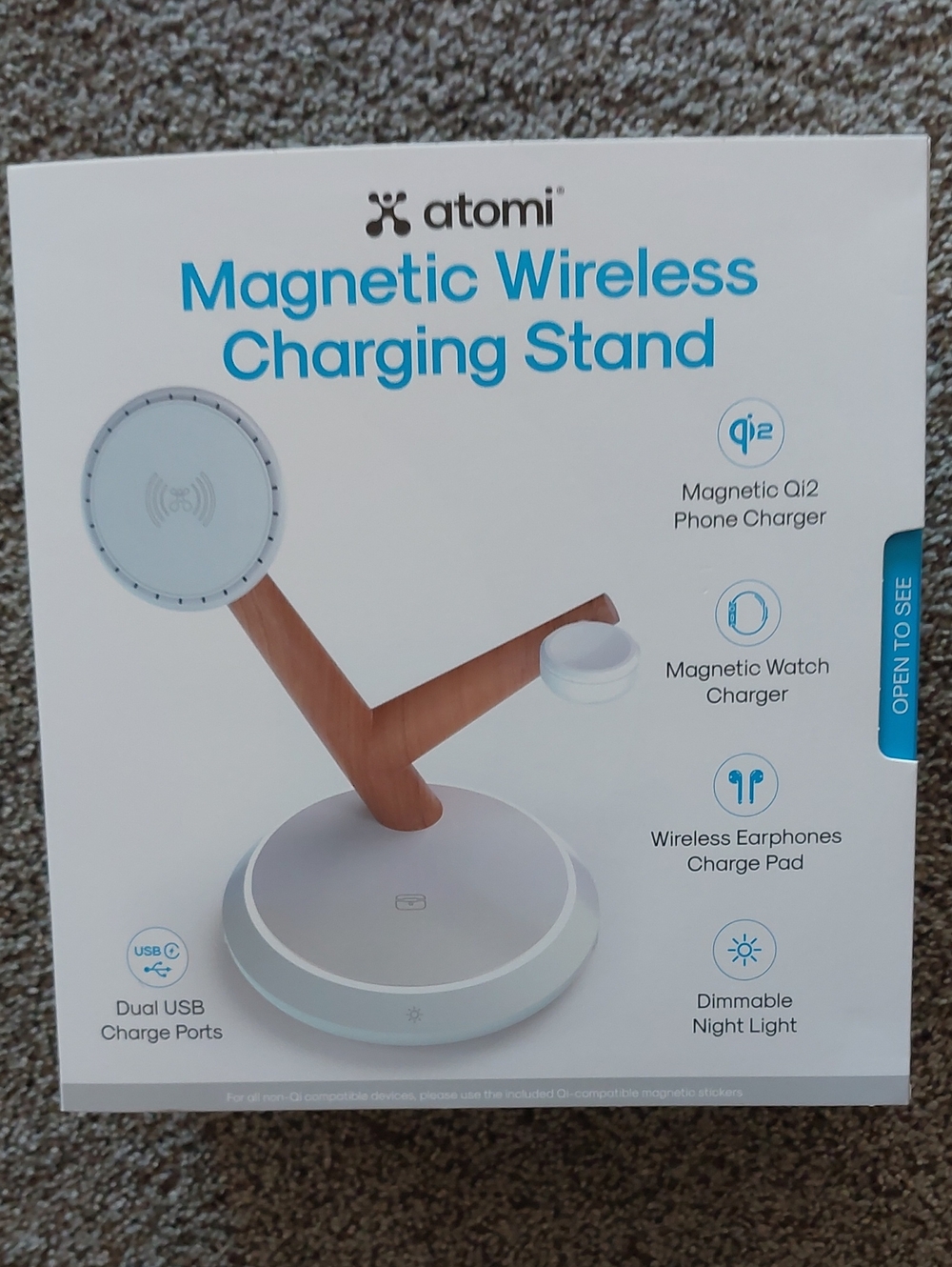 atomi Magnetic Wireless Charging Stand - White with Wood Accent